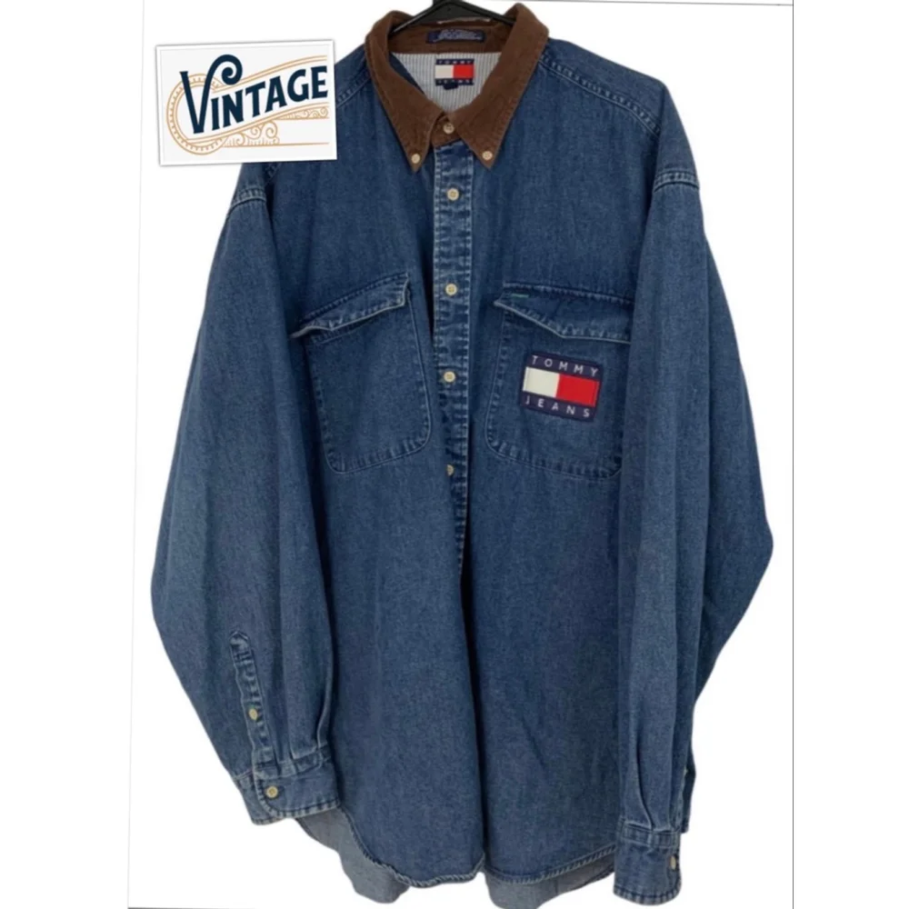 Vintage Tommy Hilfiger 90's Streetwear denim Shirt Cord Collar Mens S Oversized